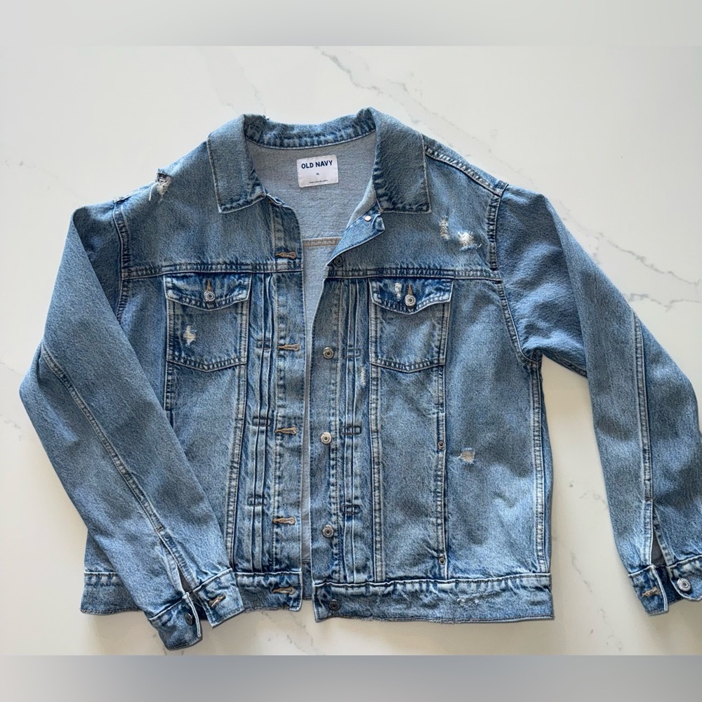 Old Navy Light Blue Oversized Denim Trucker Jacket with Distressed Accents